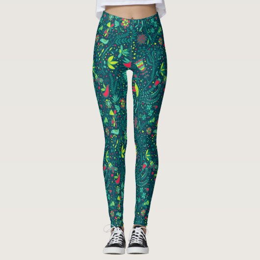 Blumenmuster mit Cartoonvögeln 2 Leggings (Vorderseite)