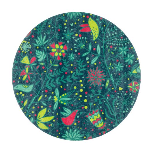 Blumenmuster mit Cartoonvögeln 2 Schneidebrett (Vorderseite)