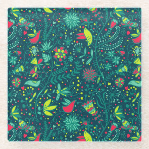 Blumenmuster mit Cartoonvögeln Glasuntersetzer