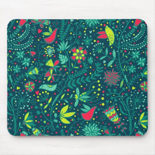 Blumenmuster mit Cartoonvögeln Mousepad (Vorne)