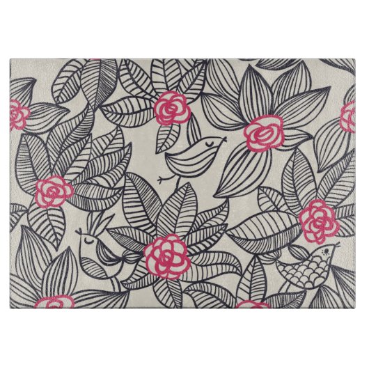 Blumenmuster mit Cartoonvögeln Schneidebrett (Vorderseite)