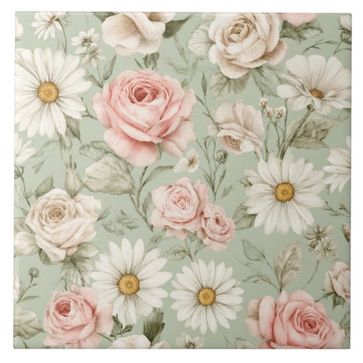 Blumenmuster mit Gänseblümchen Rosen Wasserfarben  Fliese (Vorderseite)