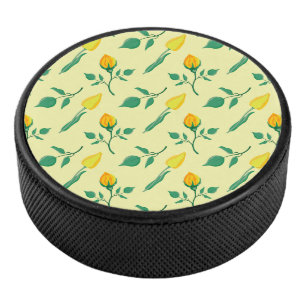 Blumenmuster mit gelben Rosen-und Tulpenfarben-Blu Eishockey Puck