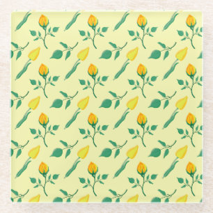 Blumenmuster mit gelben Rosen-und Tulpenfarben-Blu Glasuntersetzer
