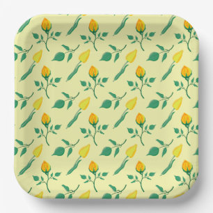Blumenmuster mit gelben Rosen-und Tulpenfarben-Blu Pappteller