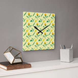 Blumenmuster mit gelben Rosen-und Tulpenfarben-Blu Quadratische Wanduhr