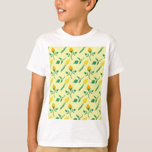 Blumenmuster mit gelben Rosen-und Tulpenfarben-Blu T-Shirt