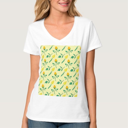Blumenmuster mit gelben Rosen-und Tulpenfarben-Blu T-Shirt (Vorderseite)