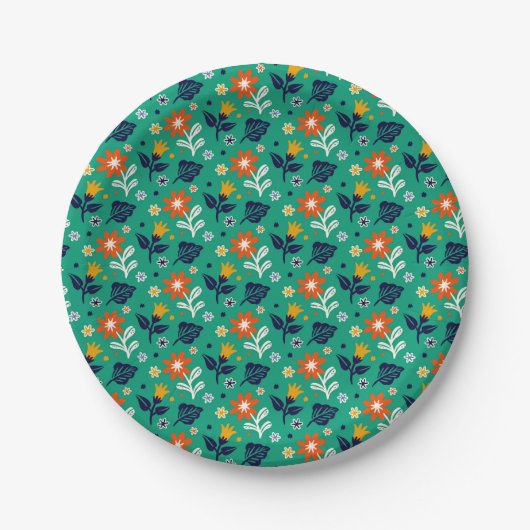 Blumenmuster mit grünem Hintergrund Pappteller (Vorderseite)