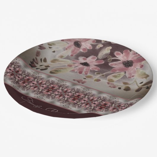 Blumenmuster mit Pflaumenmuster Pappteller (Schrägansicht)