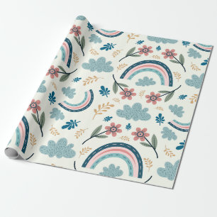 Blumenmuster mit Regenbogen- und Wolkenformen  Geschenkpapier