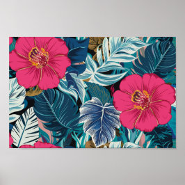 Blumenmuster mit rosafarbenem Hibiskus und blauer  Poster