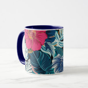 Blumenmuster mit rosafarbenem Hibiskus und blauer  Tasse