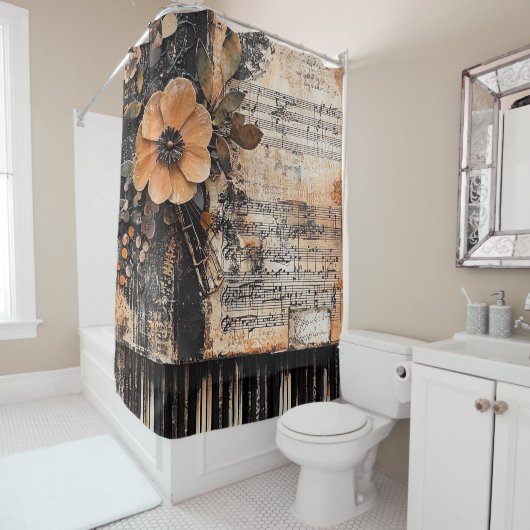 Blumenmuster mit rustikalen Klaviertasten und eine Duschvorhang (Beispiel)