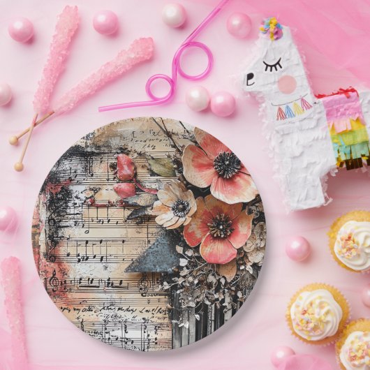 Blumenmuster mit rustikalen Klaviertasten und eine Pappteller (Party)