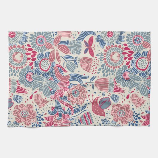 Blumenmuster mit Vogel und Schmetterling Handtuch (Horizontal)