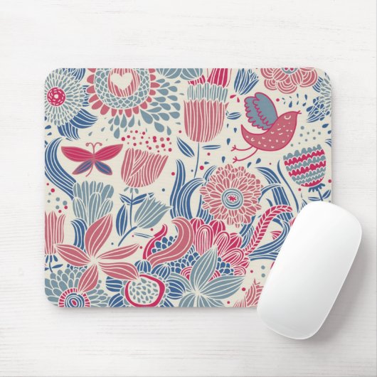 Blumenmuster mit Vogel und Schmetterling Mousepad (Mit Mouse)