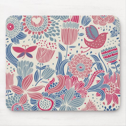 Blumenmuster mit Vogel und Schmetterling Mousepad (Vorne)