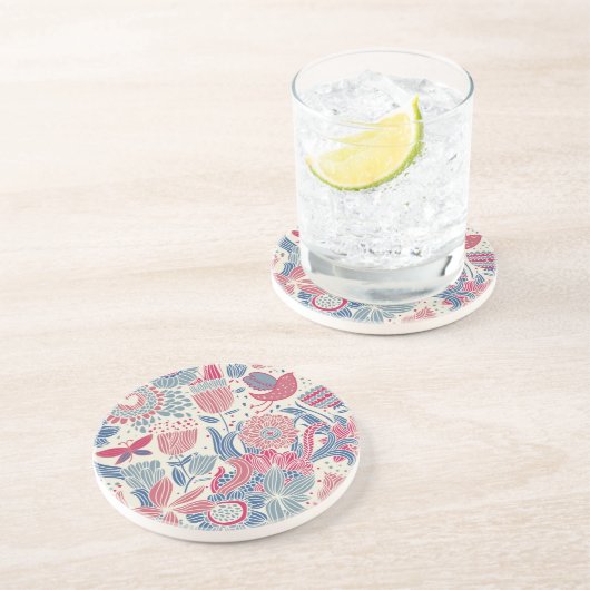 Blumenmuster mit Vogel und Schmetterling Sandstein Untersetzer (Seite)