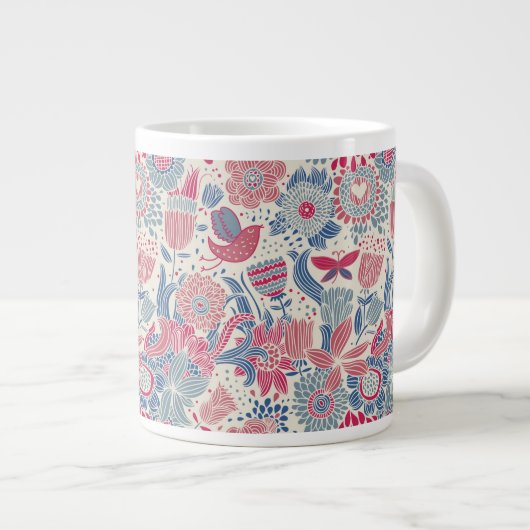 Blumenmuster mit Vögeln und Schmetterlingen Jumbo-Tasse (Vorderseite Rechts)