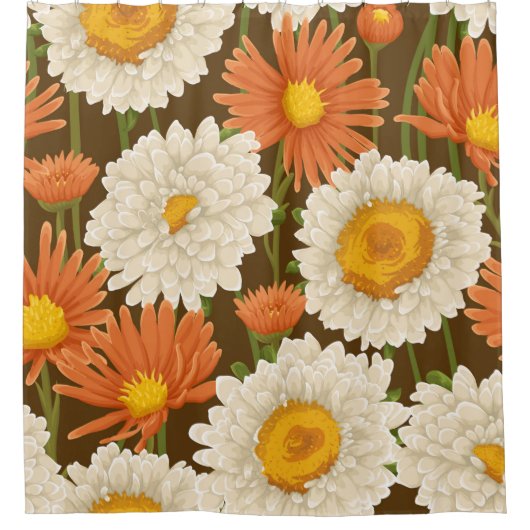 Blumenmuster mit weißer und orangefarbener Blume  Duschvorhang (Vorderseite)