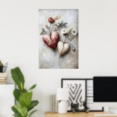 Blumenmuster mit zwei Herzen, Valentinstag Romanti Poster (Heimbüro)