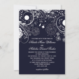 Blumenmuster Navy/White - Einladung zur Hochzeit