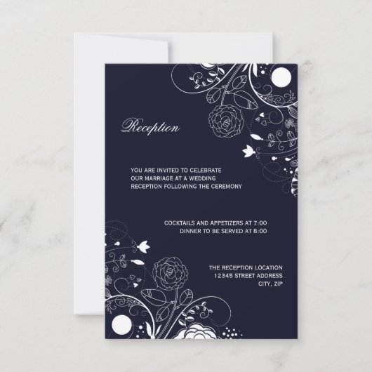 Blumenmuster Navy/White - Empfang Einladung (Vorderseite)