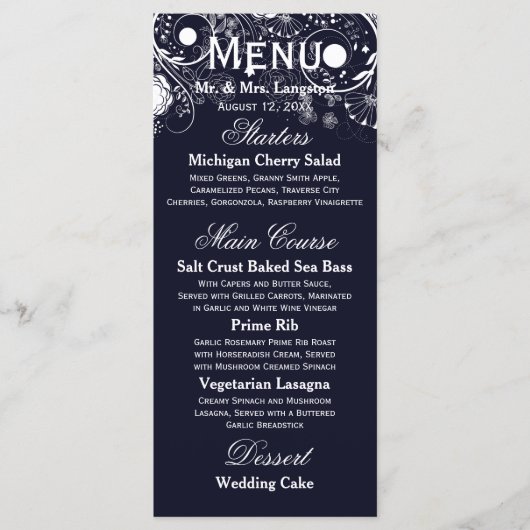 Blumenmuster Navy/White - Empfang Menu Menükarte (Vorderseite)