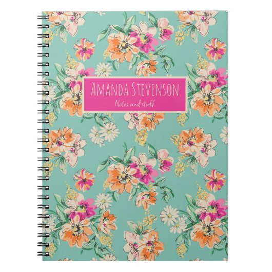 Blumenmuster-Notebook in Rosa und Orange Notizblock (Vorderseite)