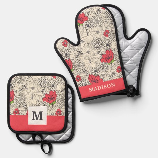 Blumenmuster Ofenhandschuh & Topflappen-Set (Vorderseite/Rückseite)