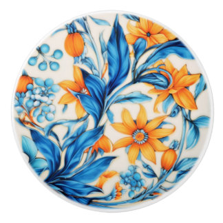 Blumenmuster - Orange und Blau Keramikknauf