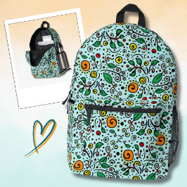 Blumenmuster orange Wirbel Beere auf Türkis -  Bedruckter Rucksack