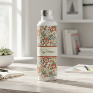 Blumenmuster Retro-Rost Türkis Trinkflasche