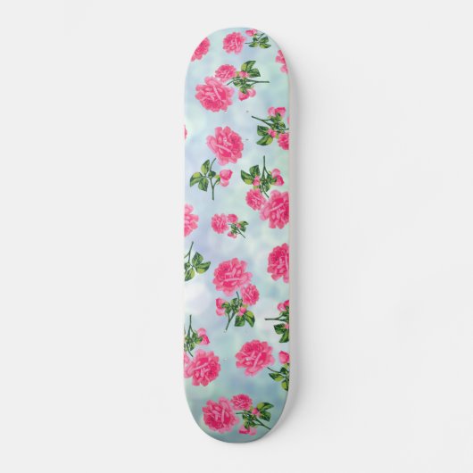 Blumenmuster: rosa Blumen auf blauem bokeh Skateboard (Vorderseite)
