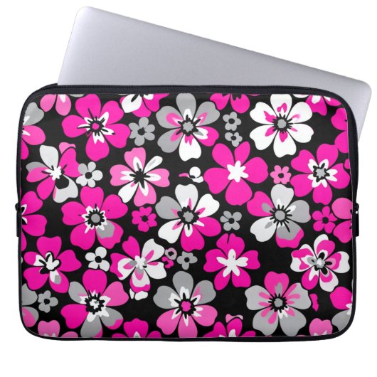 Blumenmuster Rosa Grau Weiß Schwarz Laptopschutzhülle (Vorderseite)