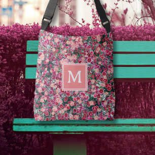 Blumenmuster Rosa rosa Pfirsichfarbene Monogramm T Tragetaschen Mit Langen Trägern