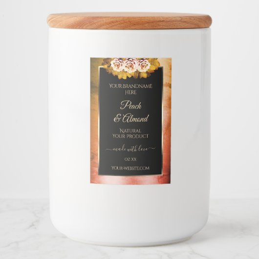 Blumenmuster-Rose Orangefarbenes schwarzes Marmorl Lebensmitteletikett (Vorderseite)