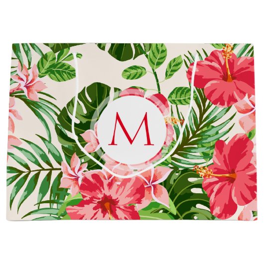 Blumenmuster Roter Hibiskus Monogram L Gift Bag Große Geschenktüte (Vorderseite)