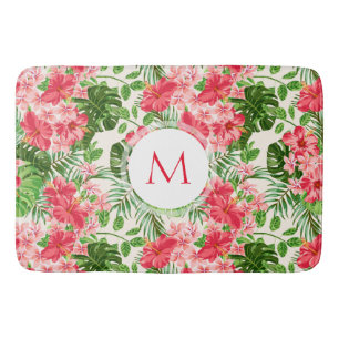 Blumenmuster Roter Hibiskus Monogramm Badematte
