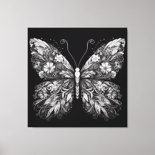Blumenmuster-Schmetterling in weißem Tintendesign Leinwanddruck