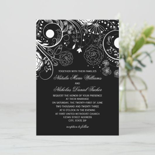 Blumenmuster Schwarz/Weiß - Einladung zur Hochzeit (Stehend Vorderseite)