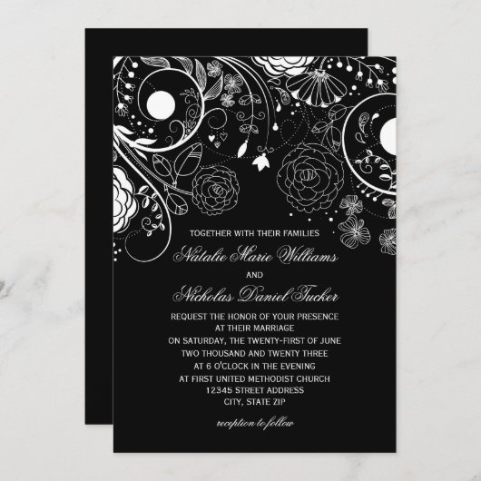 Blumenmuster Schwarz/Weiß - Einladung zur Hochzeit (Vorne/Hinten)