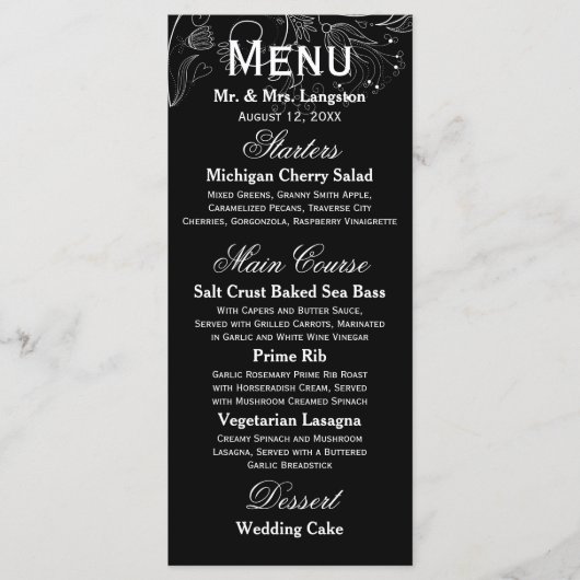 Blumenmuster Schwarz/Weiß Tulip - Empfang Menü Menükarte (Vorderseite)