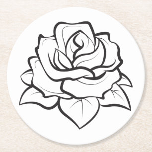 Blumenmuster Schwarz Weiße Rosenblüten Hochzeitsfe Runder Pappuntersetzer