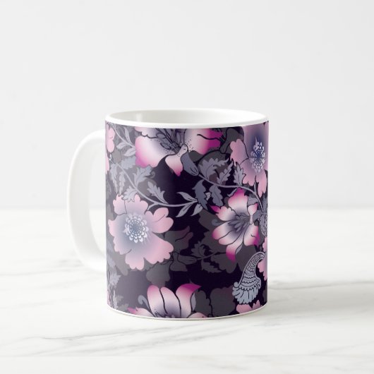 Blumenmuster Schwarzer Hintergrund Botanische Pfla Kaffeetasse (Vorderseite Links)