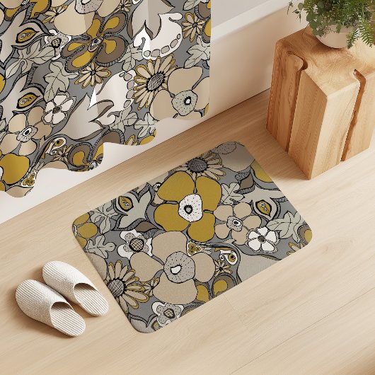 Blumenmuster Senf Beige Taupe Grau Schwarz Badematte