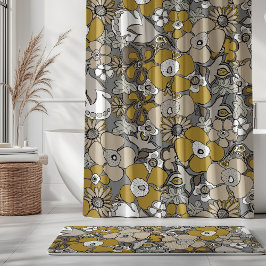 Blumenmuster Senf Beige Taupe Grau Schwarz Duschvorhang