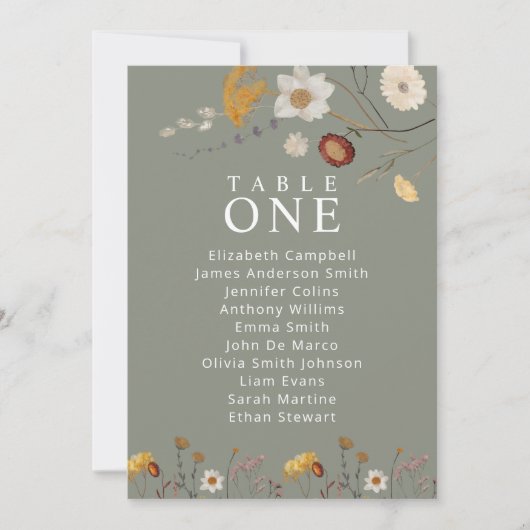 Blumenmuster-Sitzkarten des Sitzplatzes auf grünen Einladung (Vorderseite)