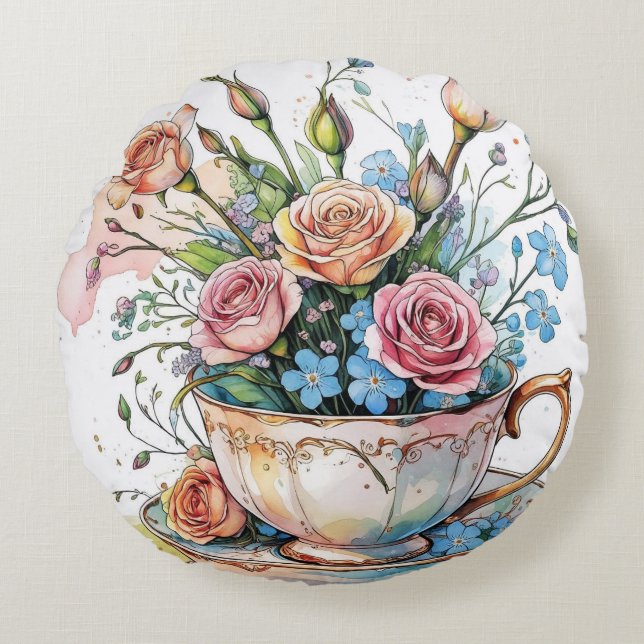 Blumenmuster - Soft Watercolor Boho Art Rundes Kissen (Vorderseite)